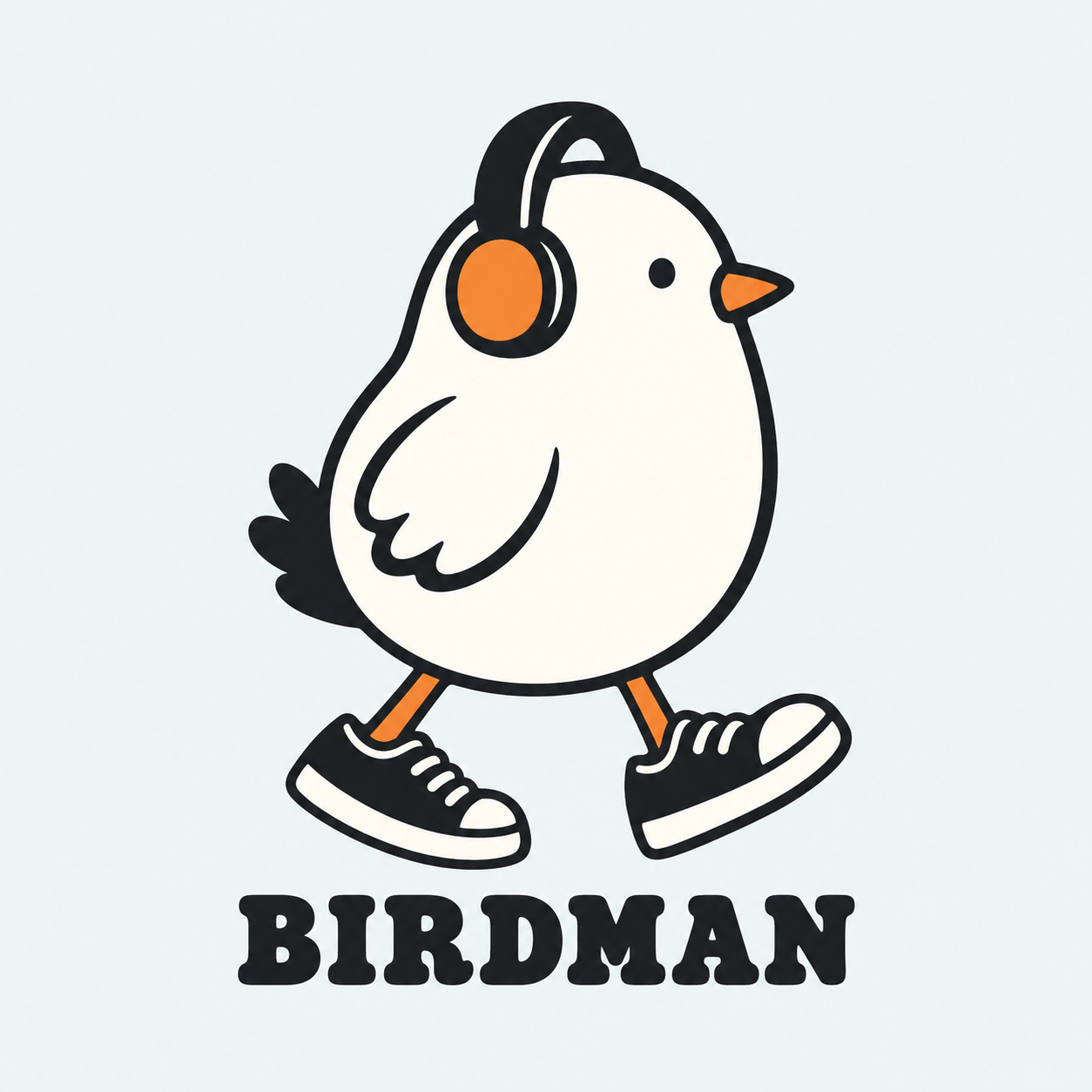 ヘッドホンとスニーカーを身に着けた白い音楽ひよこのBIRDMANデザイン