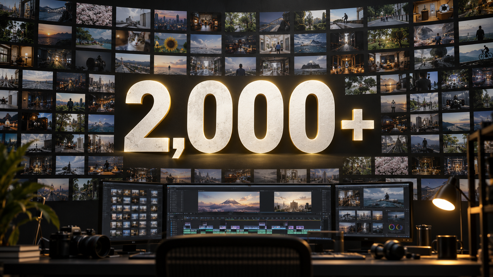 多数の動画サムネイルと編集画面を背景に「2,000+」と表示された制作スタジオ