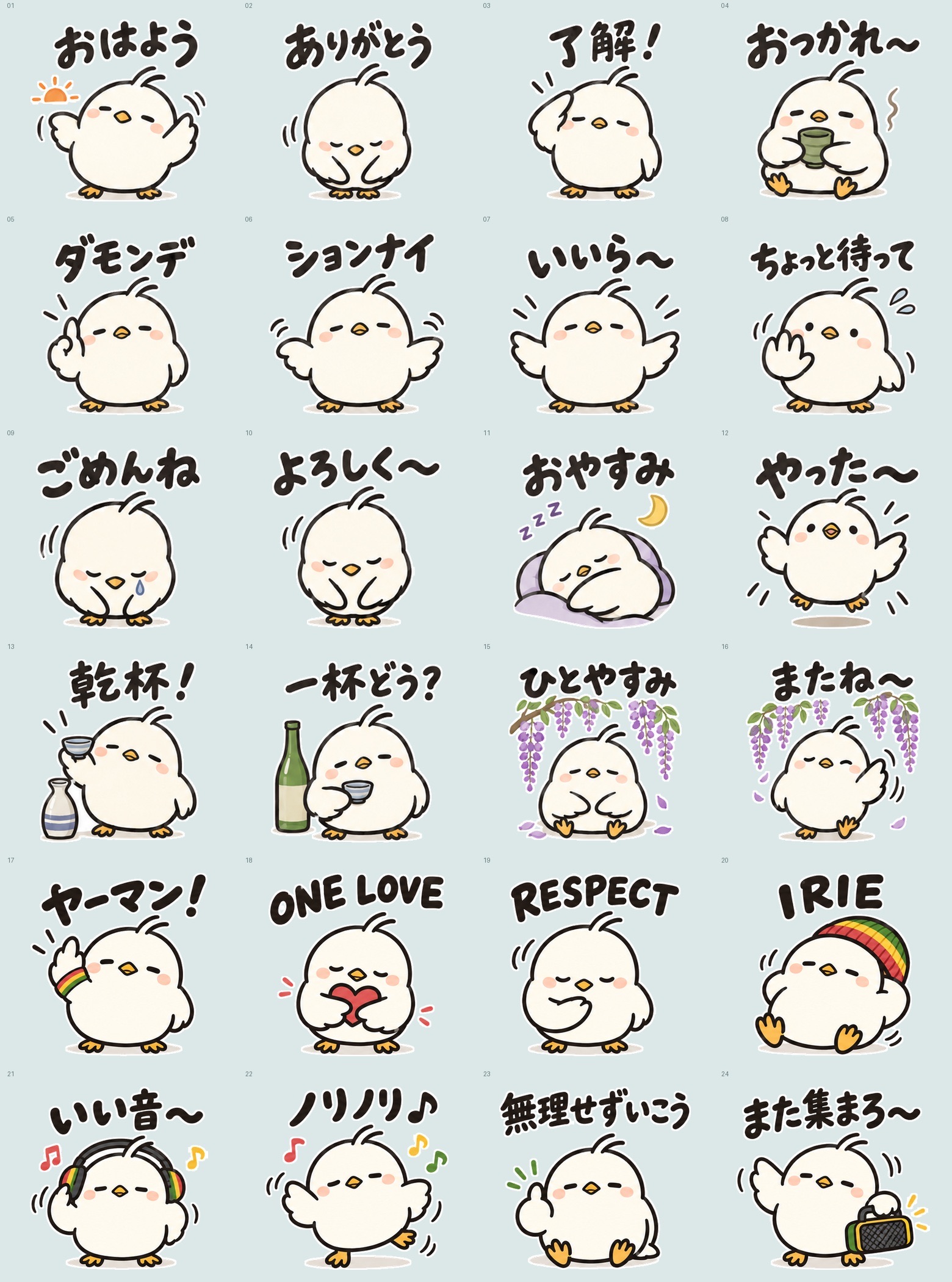 おはよう、ありがとう、了解、おつかれなどの言葉が入ったゆるトリBIRDMANのLINEスタンプ
